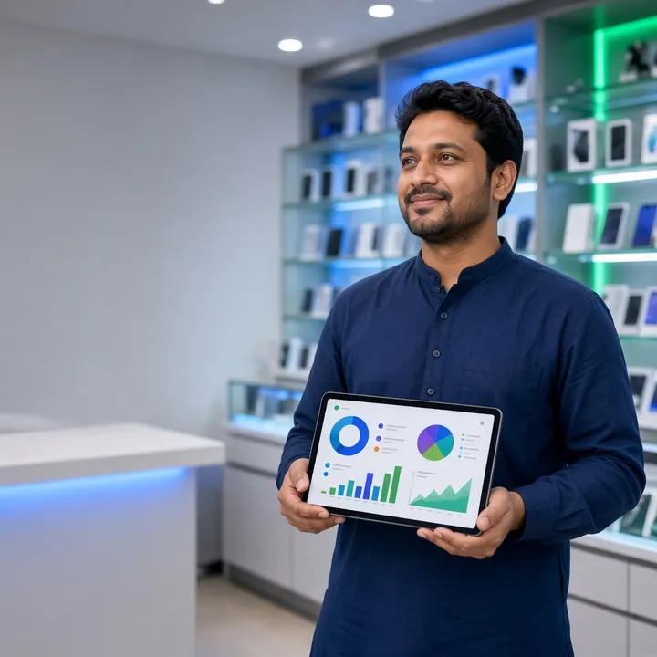 মোবাইল দোকানের মালিক ট্যাবলেটে PhoneSell Pro ড্যাশবোর্ড দেখছেন